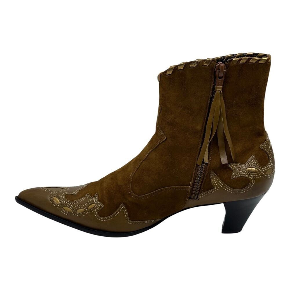 Antonio Melani Western Boots Women 7.5M Brown Suede Gold Pointed Kitten Heel - Picture 2 of 15